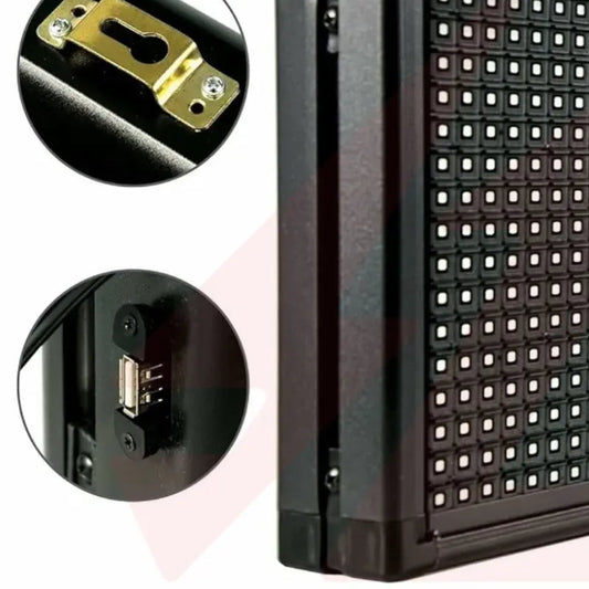 A close-up of a black LED display panel with two circular inset detail views showing a gold mounting bracket and a USB connector port.
Smart Life Lighting & Electrical