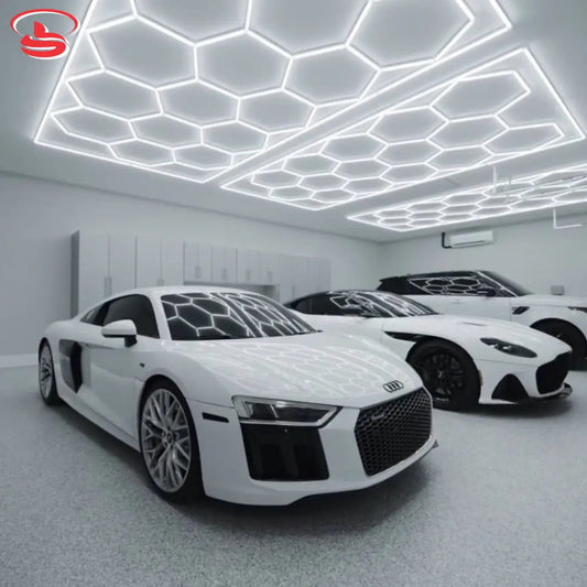 Large honeycomb hexagonal LED grid ceiling light in cool white for garages, showrooms, and studios. Perfect for modern, professional spaces.
Smart Life Lighting & Electrical