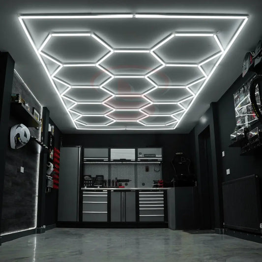 Large honeycomb hexagonal LED grid ceiling light in cool white for garages, showrooms, and studios. Perfect for modern, professional spaces.
Smart Life Lighting & Electrical