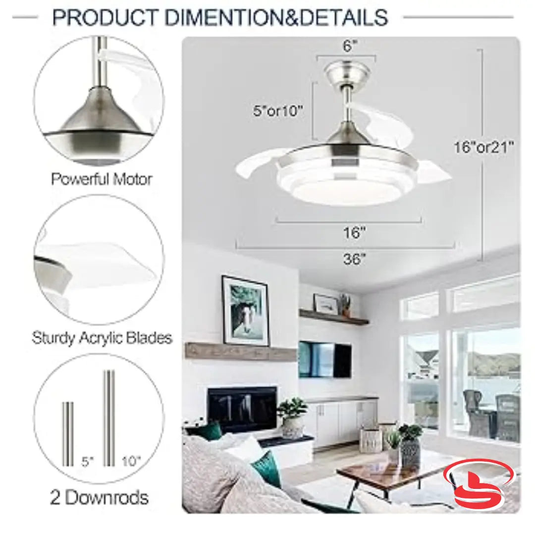 A modern ceiling fan with retractable acrylic blades and built-in LED light, installed in a stylish living room. Operated by remote, this fixture offers both airflow and lighting in a sleek, space-saving design.
Smart Life Lighting & Electrical