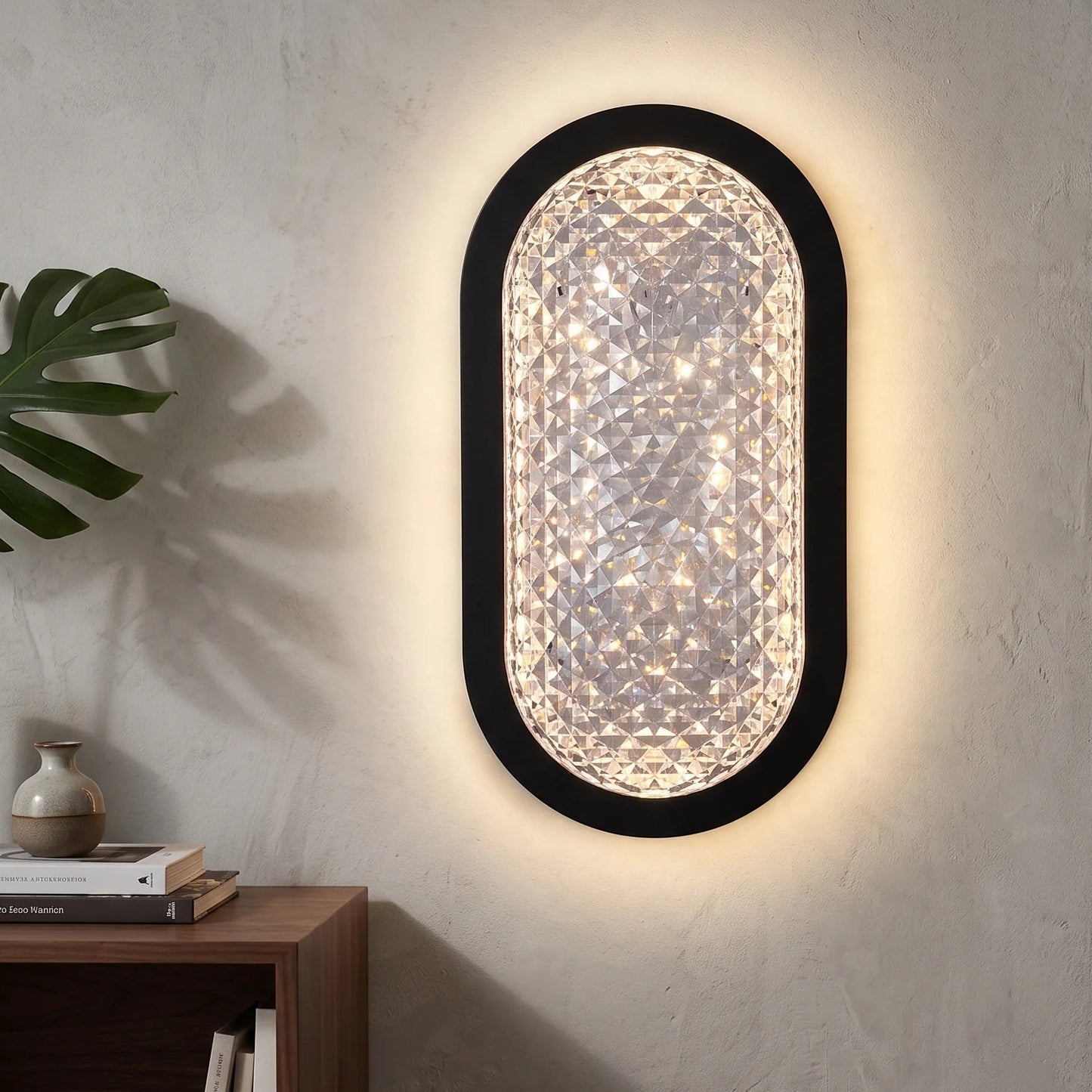 20W LED Crystal Decorative Wall Lamp with Black Aluminum Frame, Crystal Acrylic Diffuser, 3 Color CCT (3000K/4000K/6500K), 1600 Lumens, IP54 Waterproof for Indoor & Outdoor Use