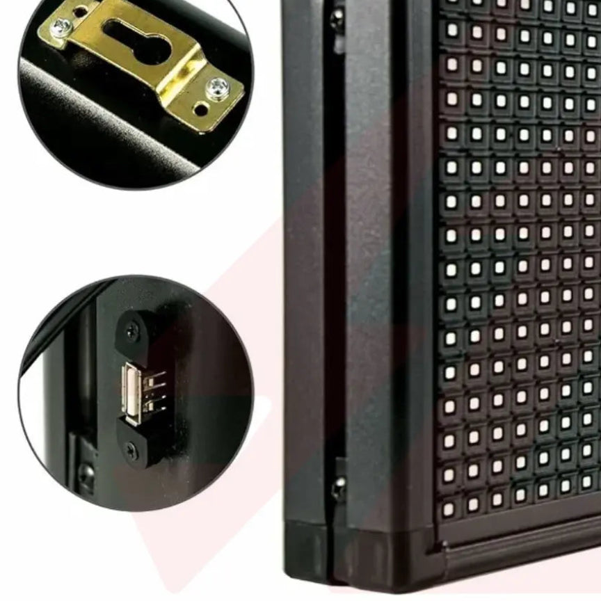 A close-up of a black LED display panel with two circular inset detail views showing a gold mounting bracket and a USB connector port.
Smart Life Lighting & Electrical