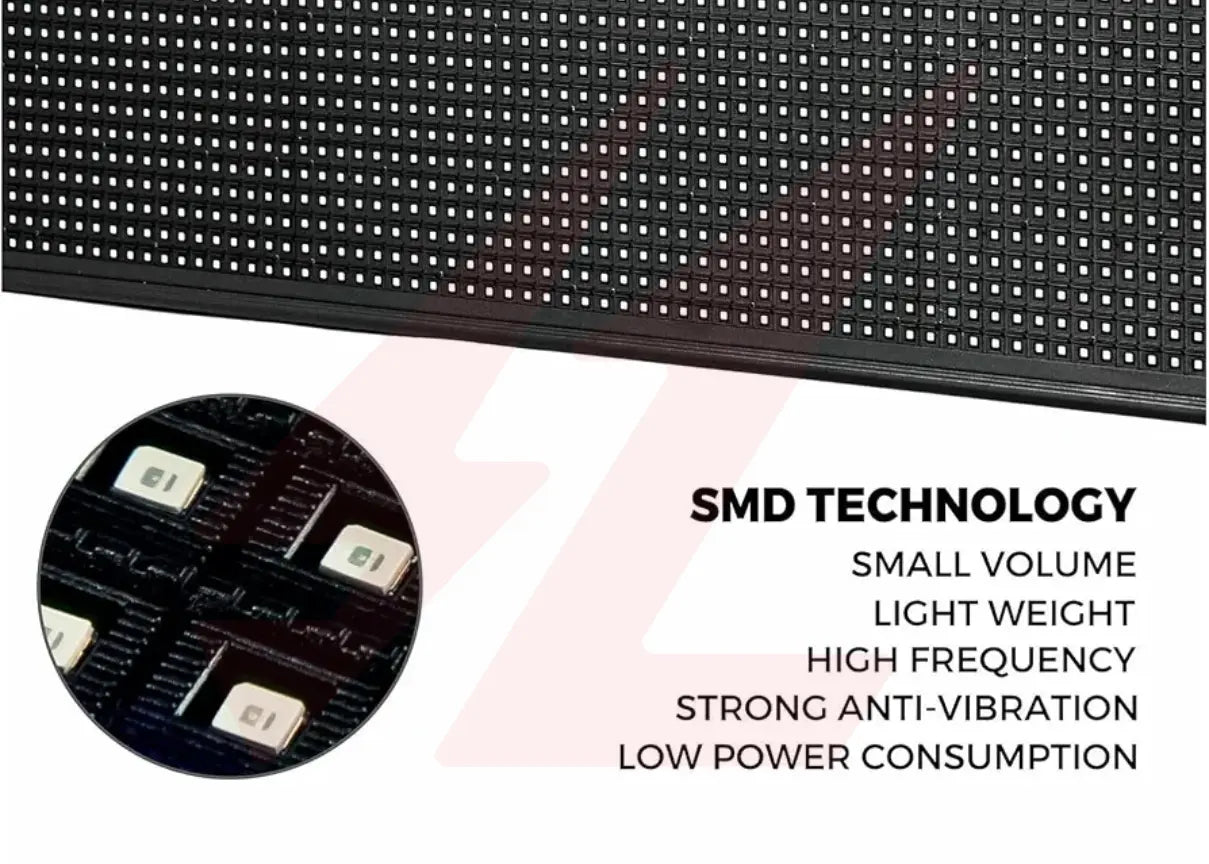 An informational product graphic showing a close-up of a black LED display panel, a circular inset of surface-mount device details, and text listing benefits such as SMD technology.
Smart Life Lighting & Electrical