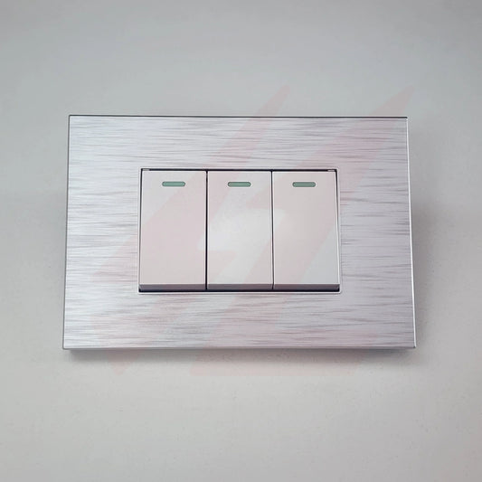Silver 3 lever 1 way wall switch with modern rectangular design.
Smart Life Lighting & Electrical		