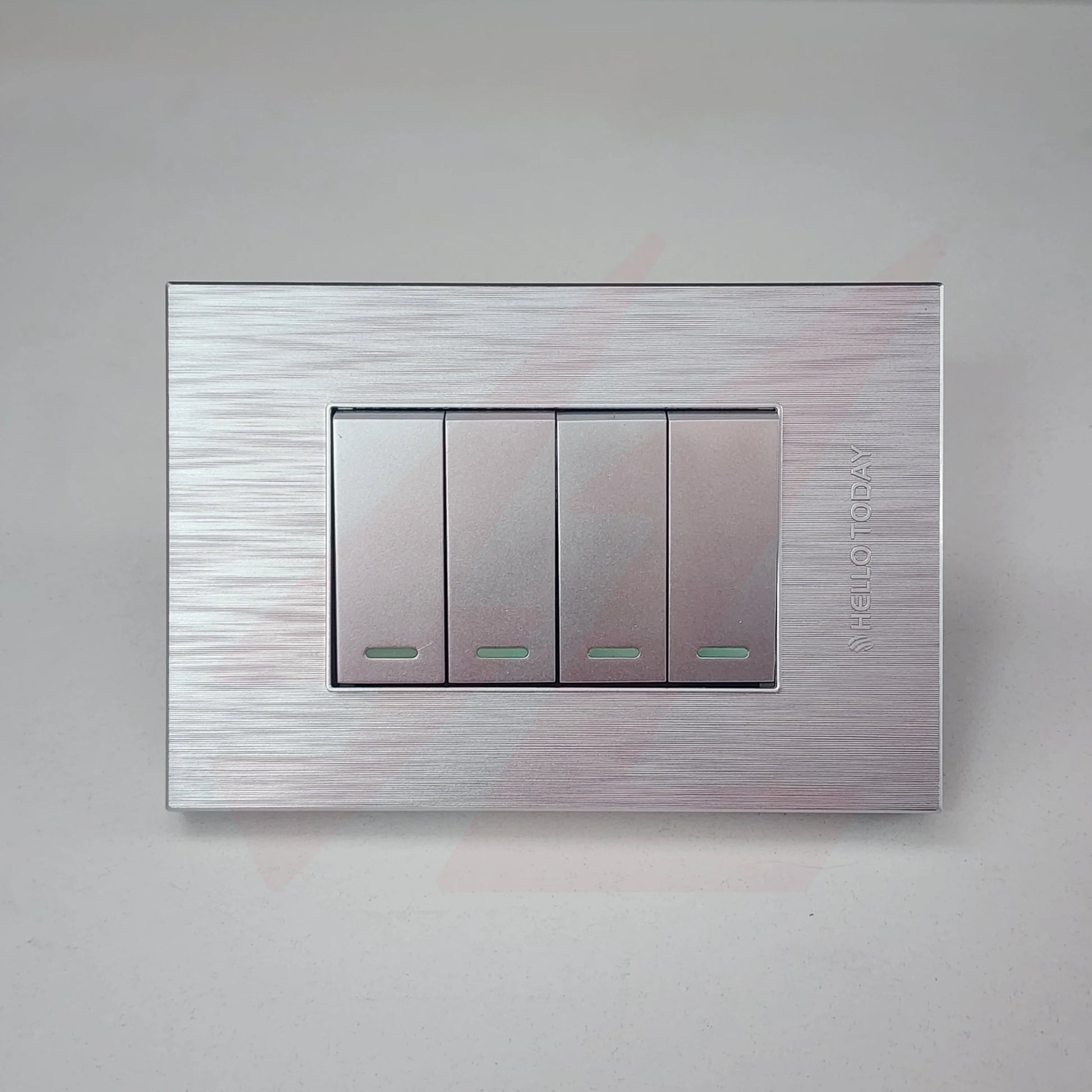 Silver 4 lever 1 way wall switch with modern rectangular design.
Smart Life Lighting & Electrical		