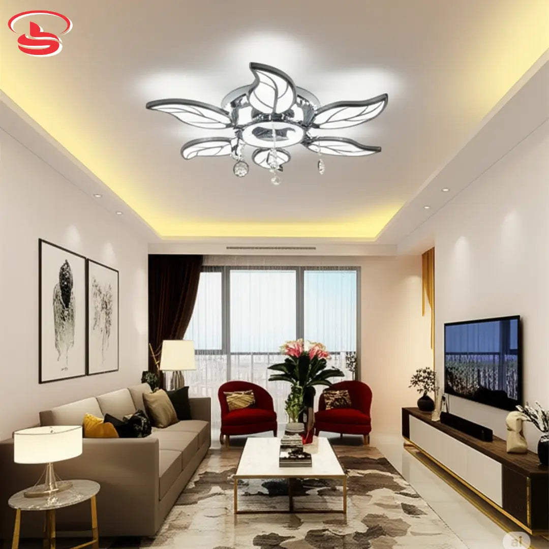 Modern 73w LED ceiling light featuring five leaf-shaped LED panels with crystal accents, combining pendant charm with energy-efficient design.
Smart Life Lighting & Electrical