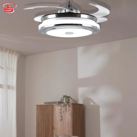 Modern chrome ceiling fan light with Bluetooth speaker, 3-colour LED modes, and retractable clear blades for a sleek, space-saving design.
Smart Life Lighting & Electrical