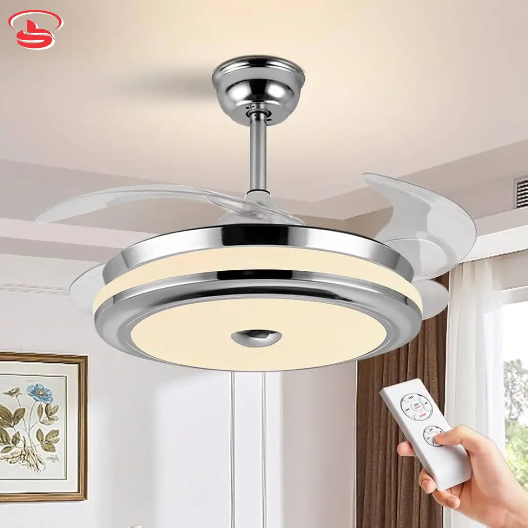 Modern chrome ceiling fan light with Bluetooth speaker, 3-colour LED modes, and retractable clear blades for a sleek, space-saving design.
Smart Life Lighting & Electrical