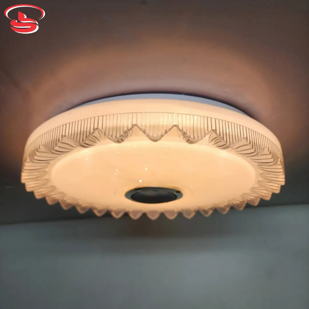 Stylish CE-009 ceiling light featuring crystal-patterned design, built-in Bluetooth speaker, and 3-colour changing LED illumination.
Smart Life Lighting & Electrical