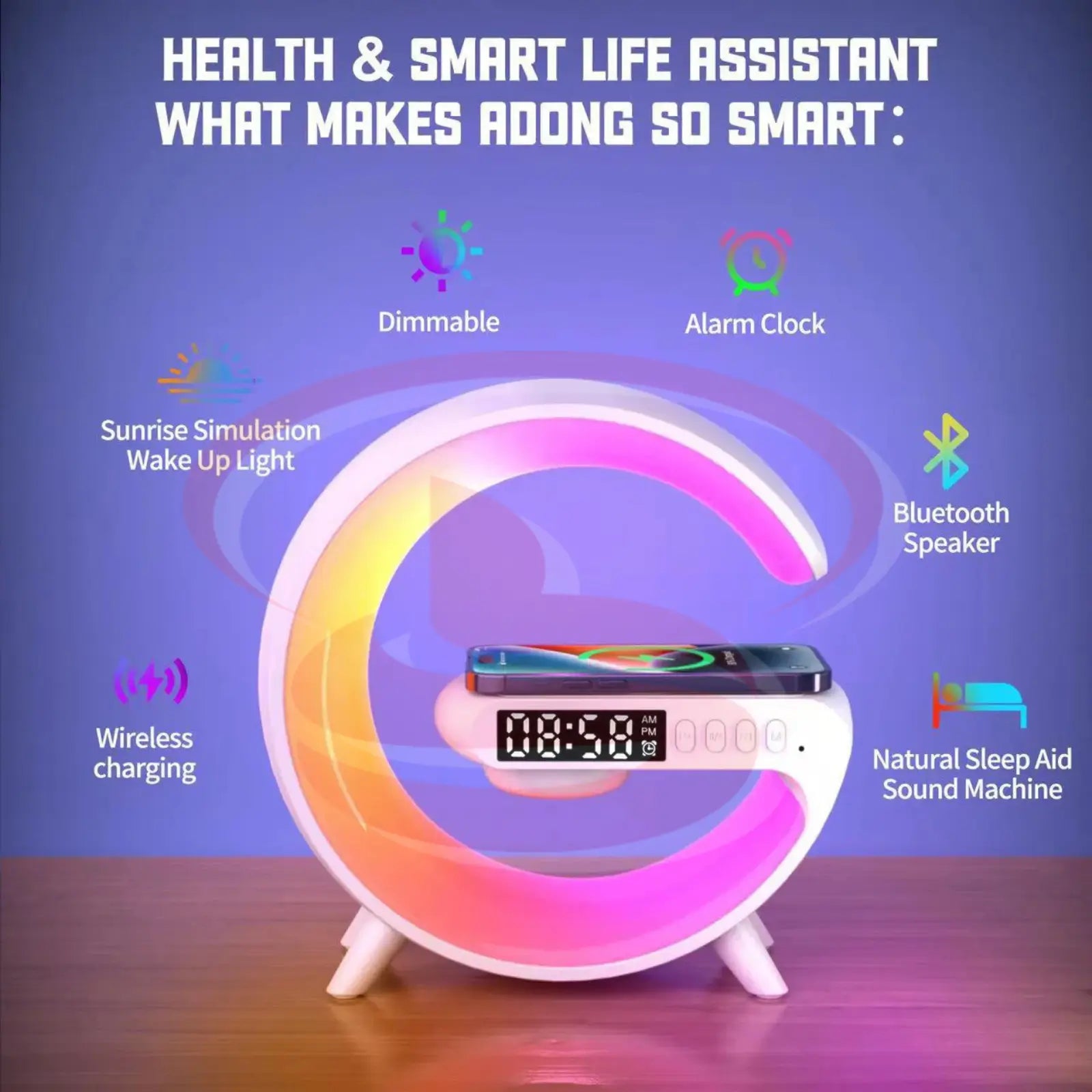 Mini G Shape LED Lamp with Clock, Bluetooth Speaker, FM Radio, USB, Micro SD and Wireless Charging – Multi-Functional Smart Lamp.
Smart Life Lighting & Electrical