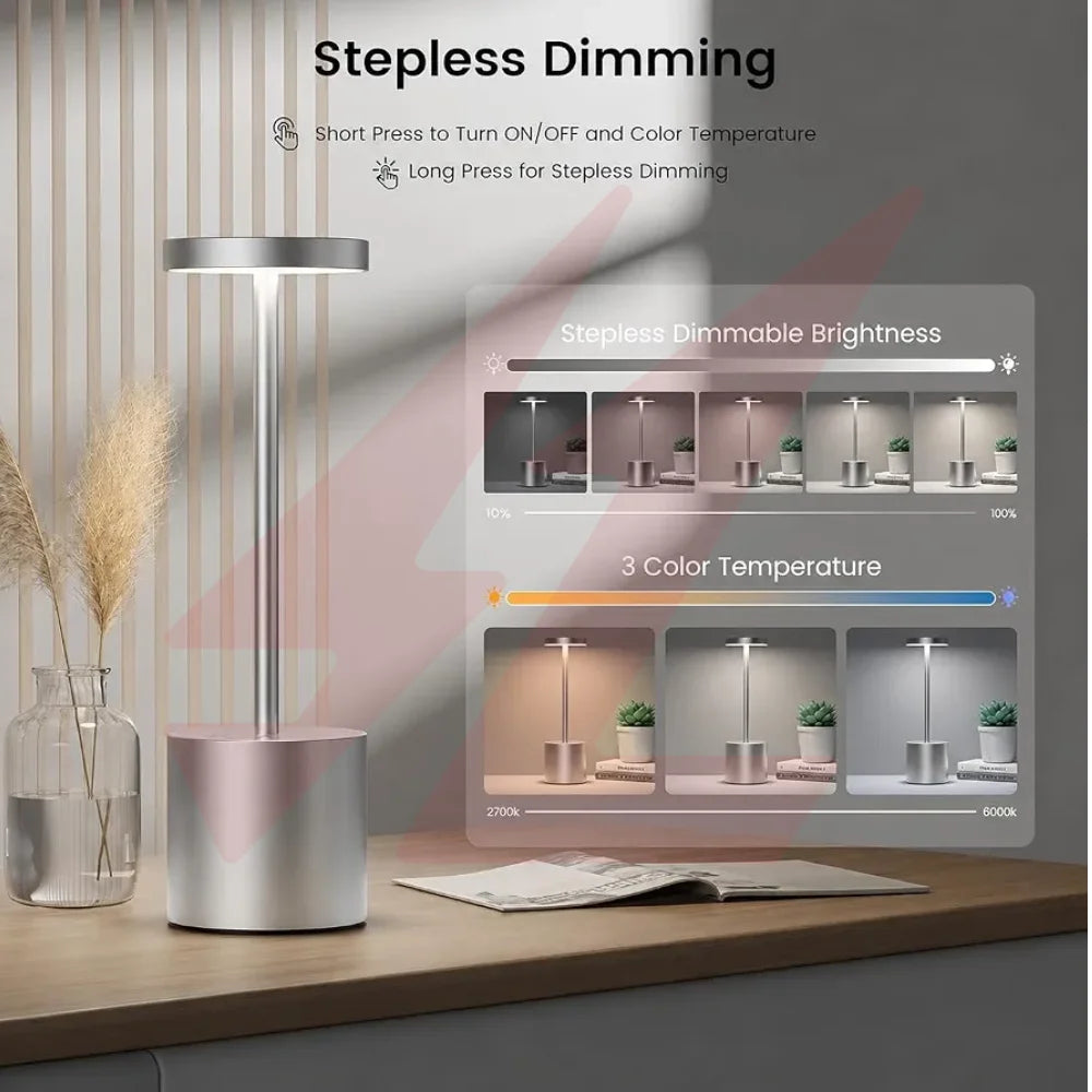 Silver portable rechargeable cordless LED table lamp with touch control and adjustable light head.
Smart Life Lighting & Electrical		