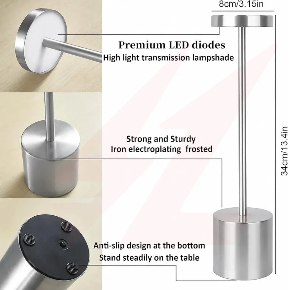 Silver portable rechargeable cordless LED table lamp with touch control and adjustable light head.
Smart Life Lighting & Electrical		