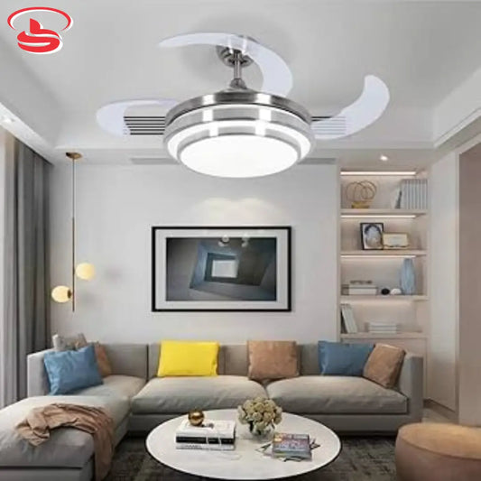 A modern ceiling fan with retractable acrylic blades and built-in LED light, installed in a stylish living room. Operated by remote, this fixture offers both airflow and lighting in a sleek, space-saving design.
Smart Life Lighting & Electrical