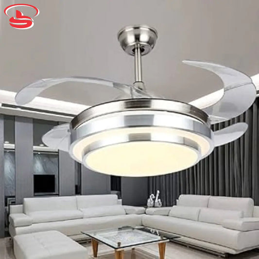 A modern ceiling fan with retractable acrylic blades and built-in LED light, installed in a stylish living room. Operated by remote, this fixture offers both airflow and lighting in a sleek, space-saving design.
Smart Life Lighting & Electrical
