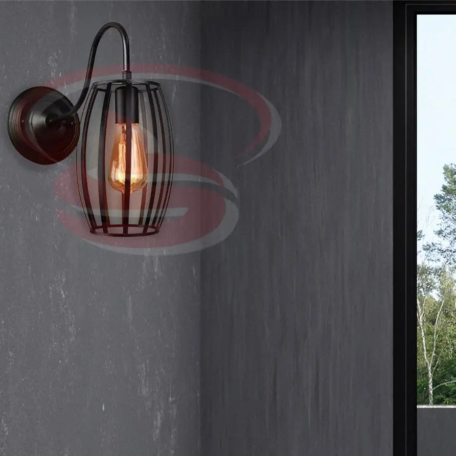 Industrial cage wall lamp with curved black metal arm and exposed filament bulb.
Smart Life Lighting & Electrical