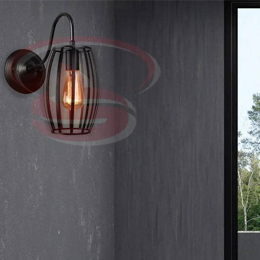 Industrial cage wall lamp with curved black metal arm and exposed filament bulb.
Smart Life Lighting & Electrical