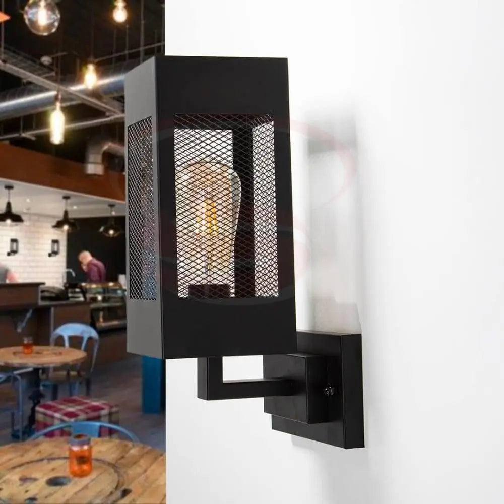 Modern industrial mesh lantern wall lamp with matte black square frame and exposed filament bulb.
Smart Life Lighting & Electrical